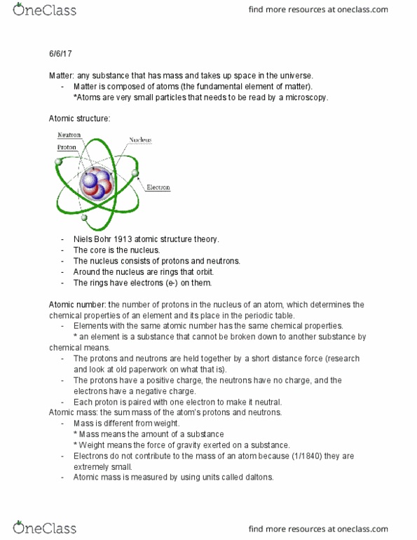 BIOL 1550 Chapter Notes - Chapter 2: Dmitri Mendeleev, Niels Bohr, Atomic Mass thumbnail