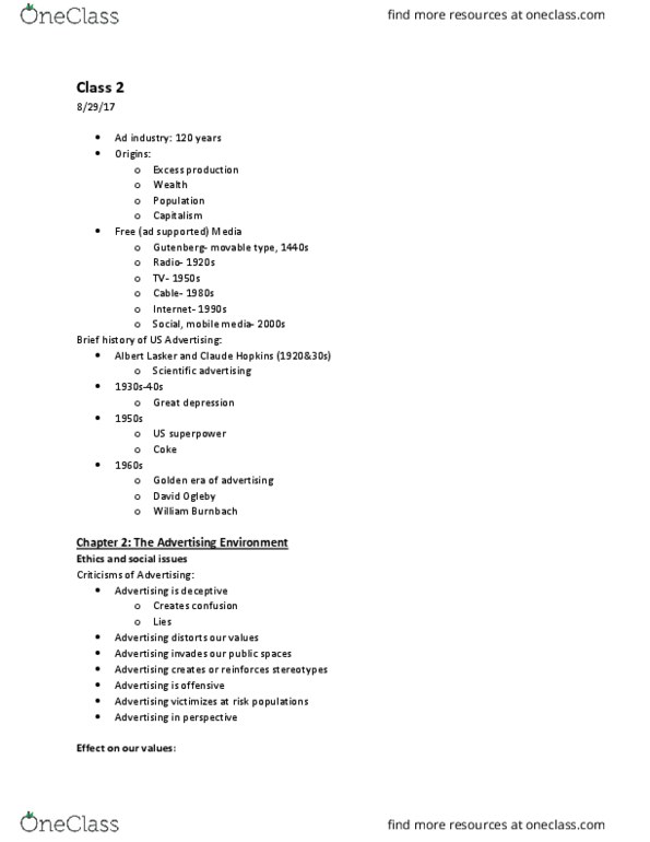 ADV 3008 Lecture Notes - Lecture 2: Great Depression, Materialism, Claude Hopkins thumbnail