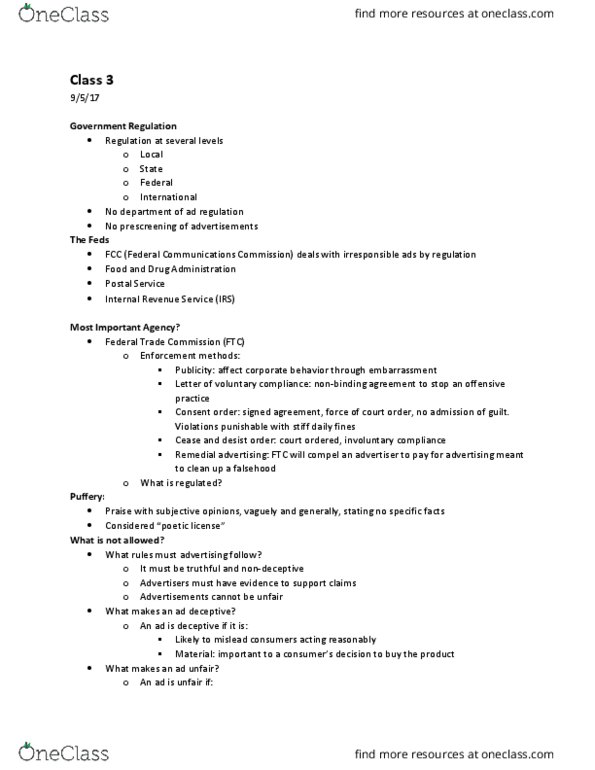 ADV 3008 Lecture Notes - Lecture 3: Imminent Lawless Action, Federal Communications Commission, Commercial Speech thumbnail