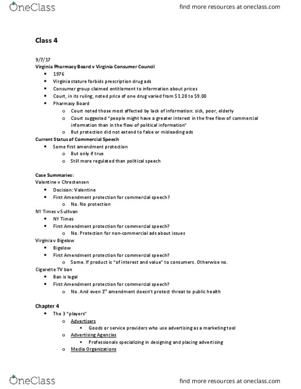 ADV 3008 Lecture Notes - Lecture 4: Prescription Drug, The New York Times, Commercial Speech thumbnail