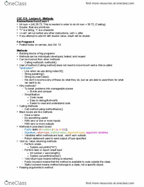 CSE 174 Lecture Notes - Lecture 6: Return Statement, Code Reuse thumbnail