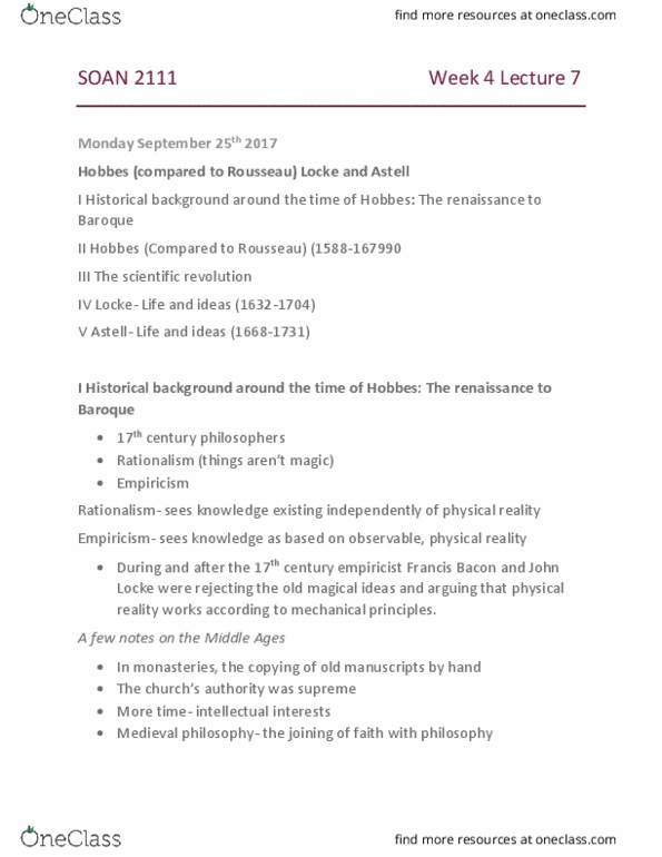 SOAN 2111 Lecture Notes - Lecture 7: Medieval Philosophy, Empiricism, Relativism thumbnail