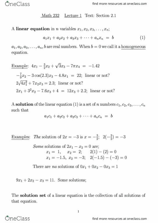 MATH 232 Lecture Notes - Lecture 1: Lection, Solution Set, Elementary Matrix thumbnail