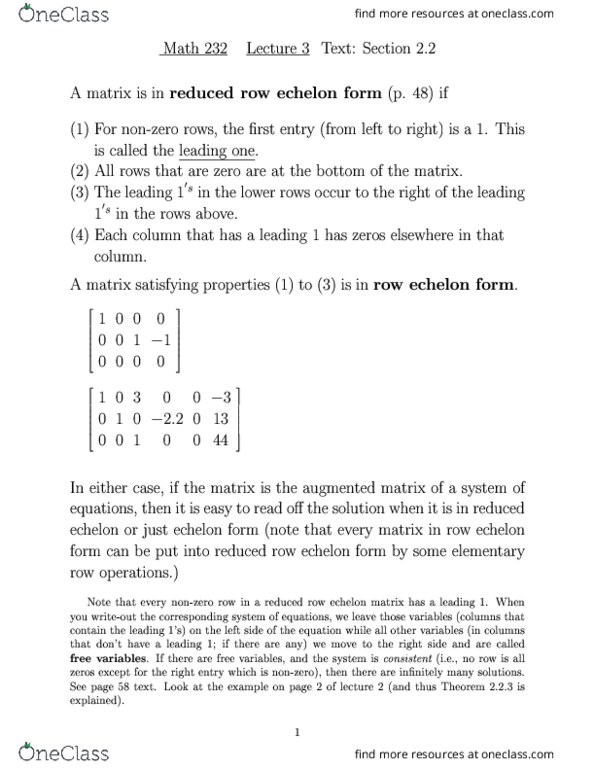 MATH 232 Lecture Notes - Lecture 3: Augmented Matrix, Coefficient Matrix, Row Echelon Form thumbnail