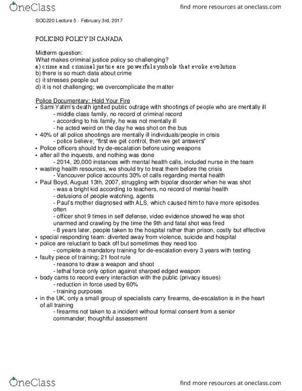 SOC220H5 Lecture Notes - Lecture 5: Toronto Police Service, Police Services Act Of Ontario, Bipolar Disorder thumbnail