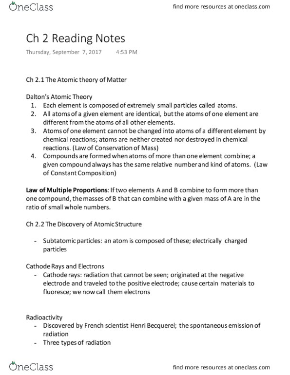 CHE 106 Chapter Notes - Chapter 2: Atomic Number, Chemical Formula, Henri Becquerel thumbnail