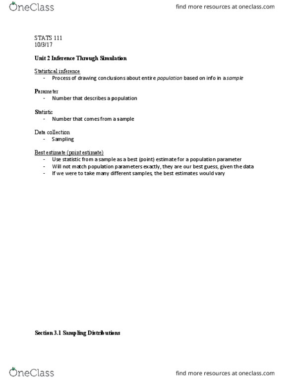 STAT 111 Lecture Notes - Lecture 10: Statistical Inference, Point Estimation, Statistic thumbnail