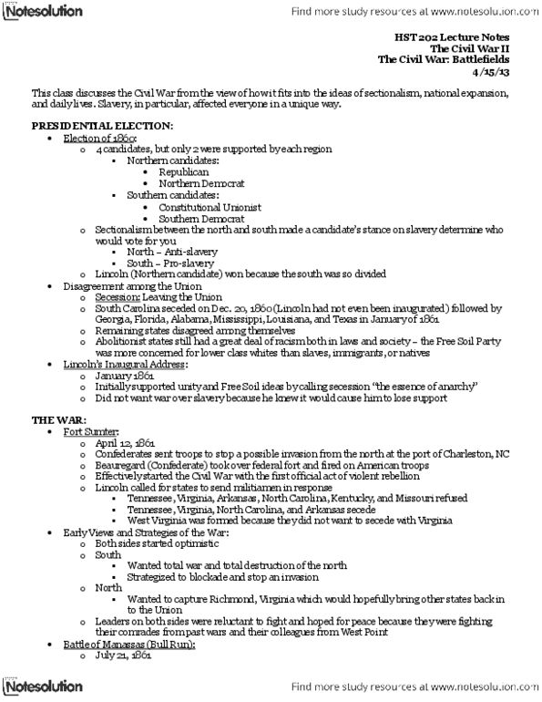 HST 202 Lecture Notes - Southern Democrats, Total War, Emancipation Proclamation thumbnail