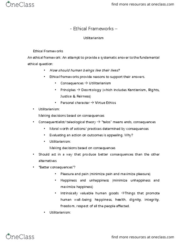ETHC 3P82 Lecture Notes - Lecture 1: Kantianism, Deontological Ethics, Act Utilitarianism thumbnail