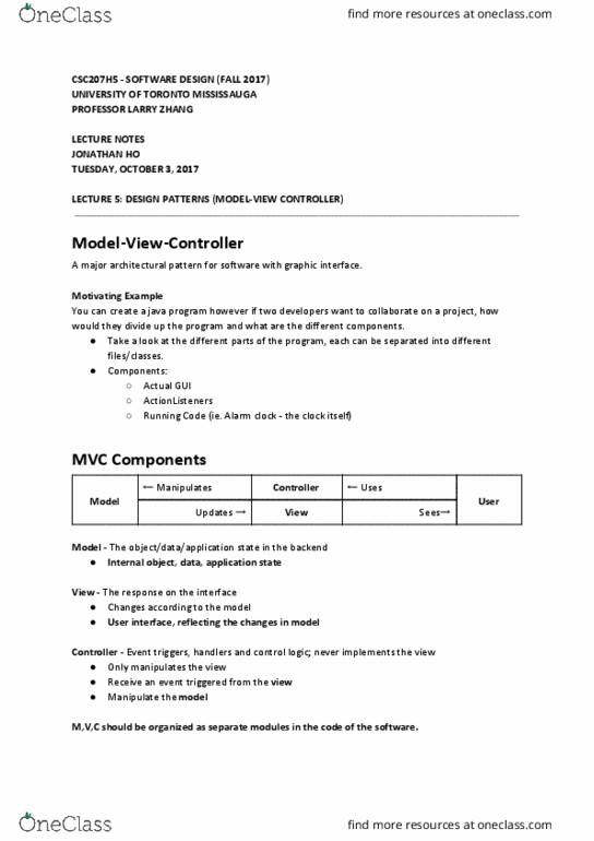 CSC207H5 Lecture Notes - Lecture 5: Architectural Pattern, System Testing, Alarm Clock thumbnail