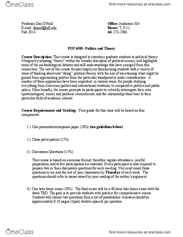 POS 3204 Lecture Notes - Lecture 4: Sheldon Wolin, Paul Gilroy, Benjamin Barber thumbnail