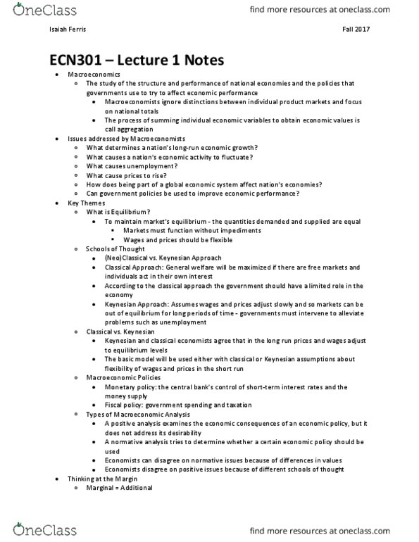 ECN 301 Lecture Notes - Lecture 1: Fiscal Policy, Final Good, Income Approach thumbnail