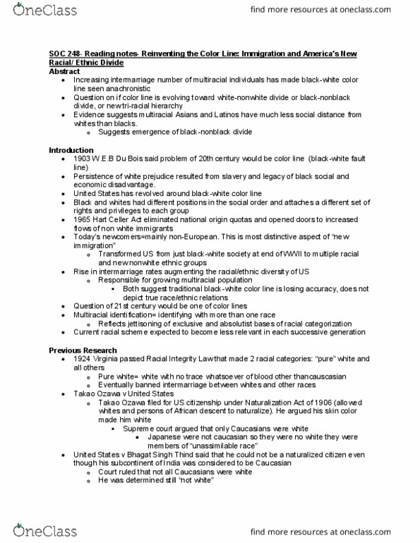 SOC 248 Chapter Notes - Chapter Reinventing the Color Line Immigration and America's New Racial Ethnic Divide: Economic Mobility, White Supremacy, Bhagat Singh Thind thumbnail