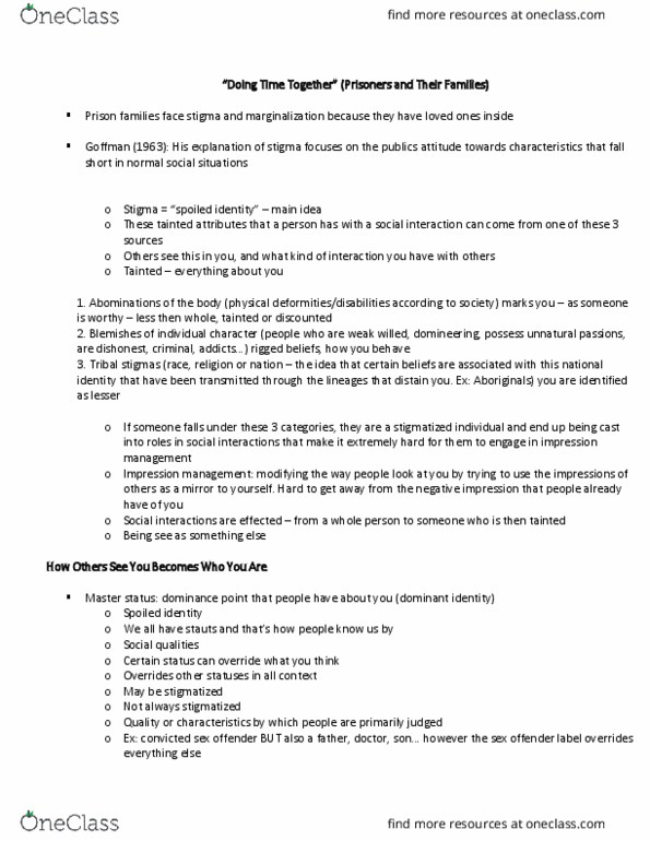 CRM 2306 Lecture Notes - Lecture 13: Ascribed Status, Impression Management, Erving Goffman thumbnail