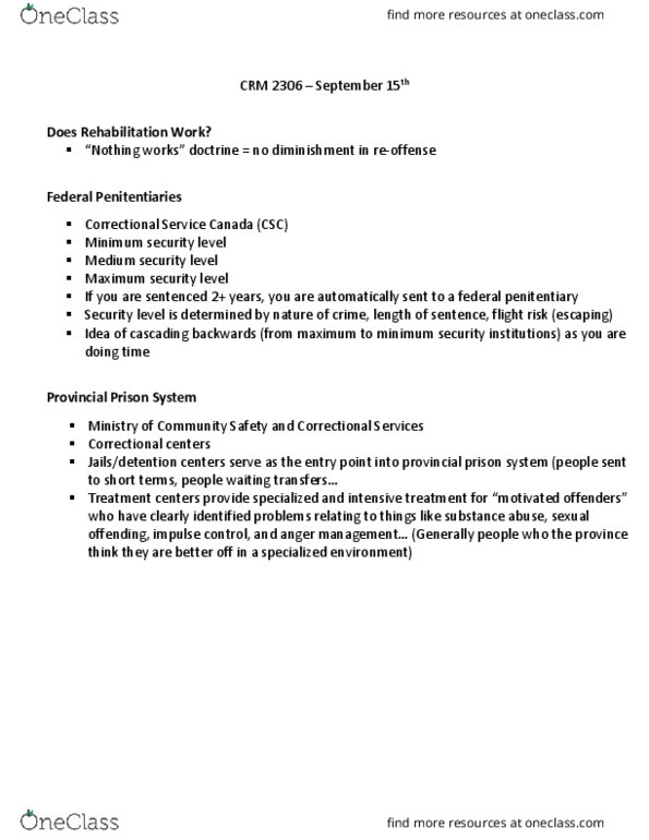 CRM 2306 Lecture Notes - Lecture 15: Service Canada, Department Of Justice And Correctional Services, Community Integration thumbnail