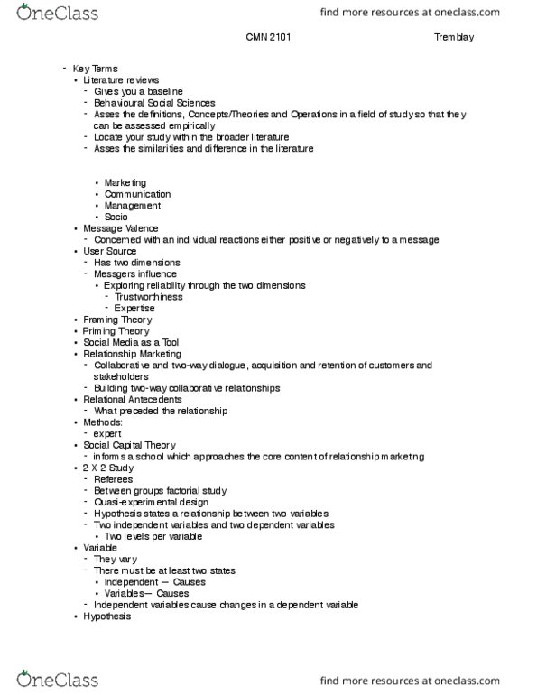 CMN 2101 Lecture Notes - Lecture 3: Relationship Marketing, Dependent And Independent Variables, Grounded Theory thumbnail