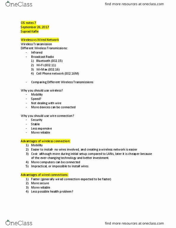 CIS 1332 Lecture Notes - Lecture 7: Wi-Fi, Lte (Telecommunication), Ieee 802.11 thumbnail