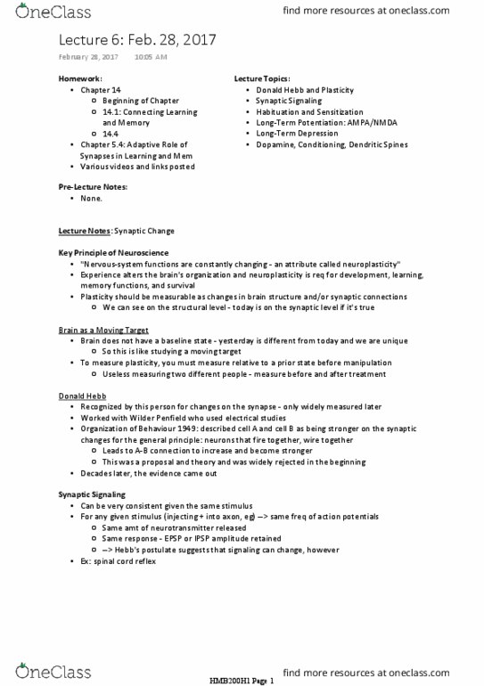 HMB200H1 Lecture Notes - Lecture 6: Ampa Receptor, Stim, Aplysia thumbnail