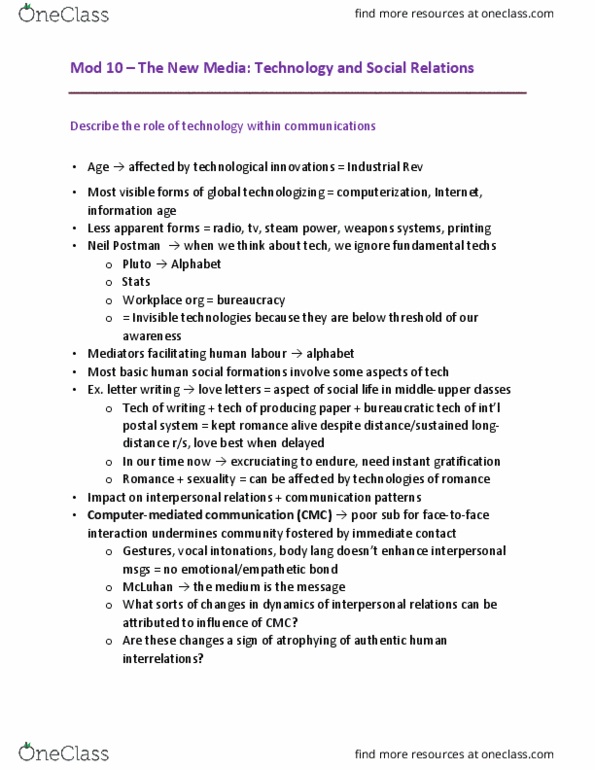 CMNS 110 Lecture Notes - Lecture 10: Information Age, Technological Change, Marshall Mcluhan thumbnail