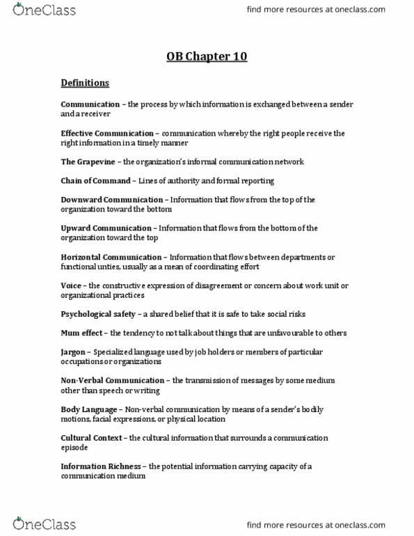 COMMERCE 1BA3 Chapter Notes - Chapter 10: Nonverbal Communication, Sony Music Entertainment, Organizational Communication thumbnail