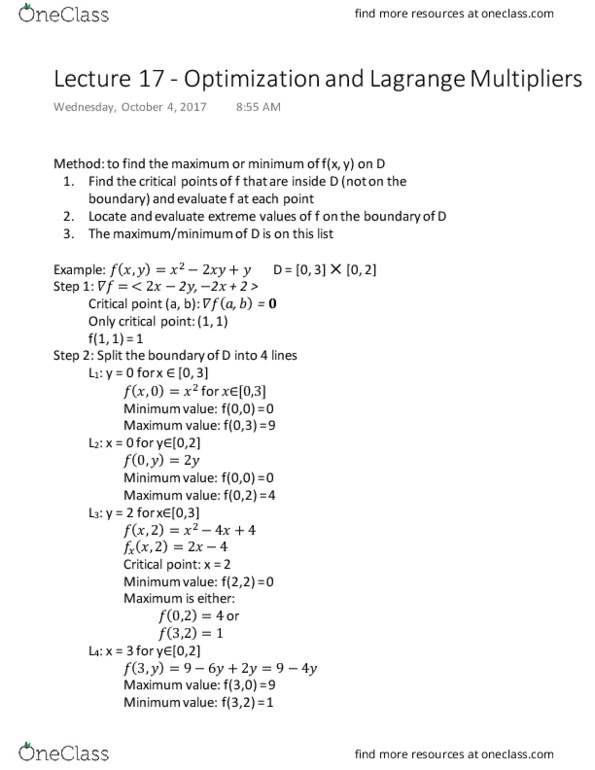 MATH 1920 Lecture Notes - Lecture 17: Maxima And Minima, Lagrange Multiplier, Minimax thumbnail