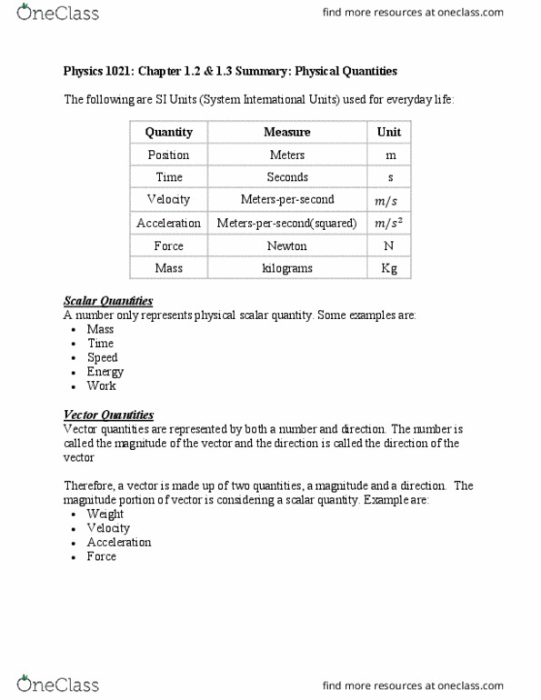 Physics 1021 Chapter Notes - Chapter 1.2 & 1.3: International System Of Units thumbnail