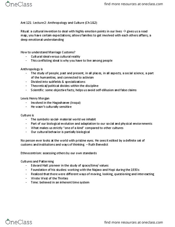 ANT 121 Lecture Notes - Lecture 2: Ethnocentrism, Lewis H. Morgan thumbnail