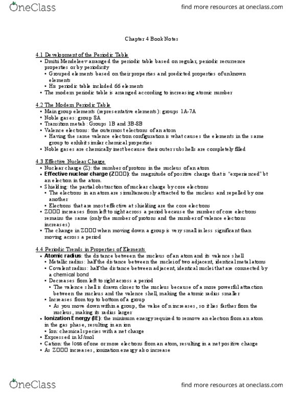 CHM 12901 Chapter Notes - Chapter 4: Ionic Radius, Isoelectronicity, Dmitri Mendeleev thumbnail