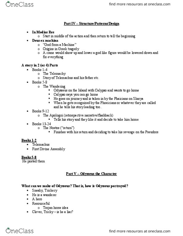 CLASSICS 1B03 Lecture Notes - Lecture 12: Scheria, Odysseus thumbnail