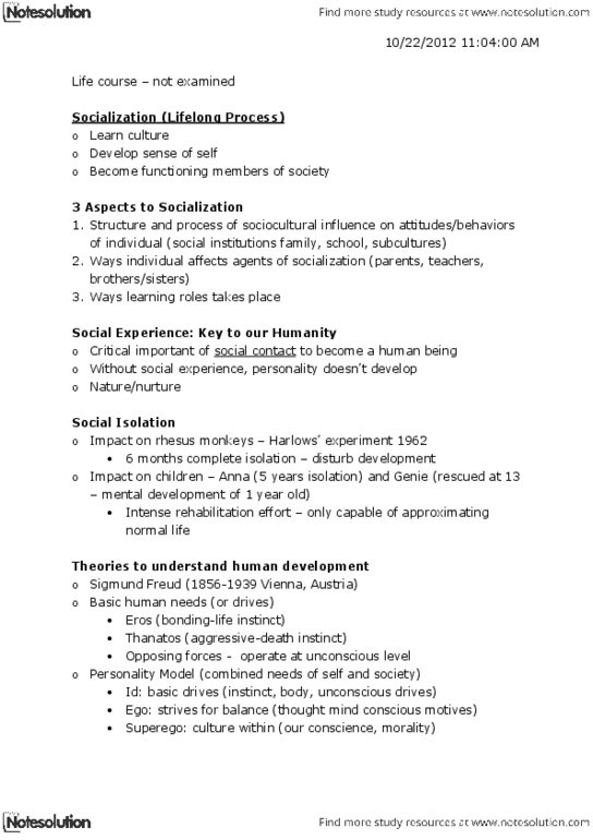 SOCI 100 Lecture Notes - Lecture 10: Jean Piaget, Sigmund Freud, Lawrence Kohlberg thumbnail