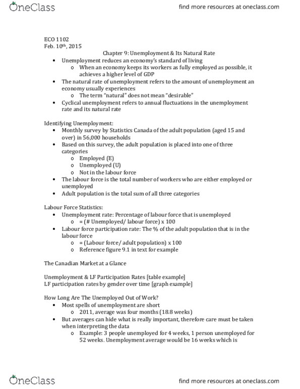 ECO 1102 Lecture Notes - Lecture 9: Efficiency Wage, Unemployment Benefits, Frictional Unemployment thumbnail