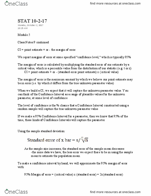 STAT 301 Lecture Notes - Lecture 14: Confidence Interval, Point Estimation, Statistical Parameter thumbnail