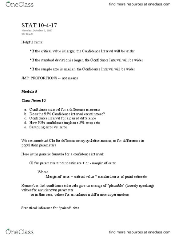 STAT 301 Lecture Notes - Lecture 15: Confidence Interval, Point Estimation, Sampling Error thumbnail