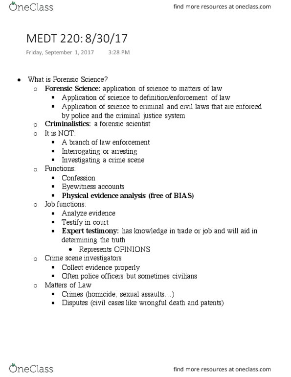 MEDT220 Lecture Notes - Lecture 1: Homicide, Wrongful Death Claim, Forensic Science thumbnail