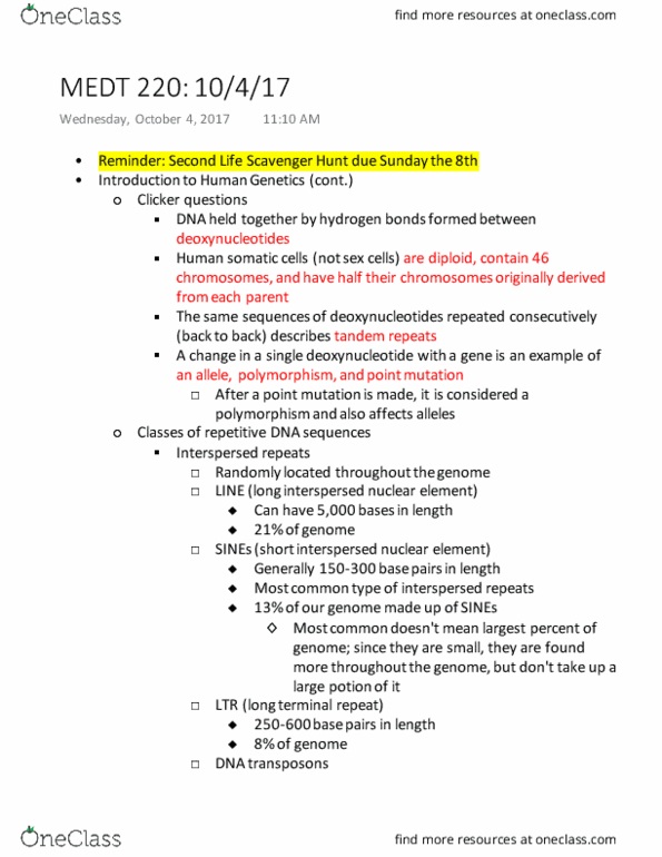 MEDT220 Lecture Notes - Lecture 14: Combined Dna Index System, Variable Number Tandem Repeat, Punnett Square thumbnail