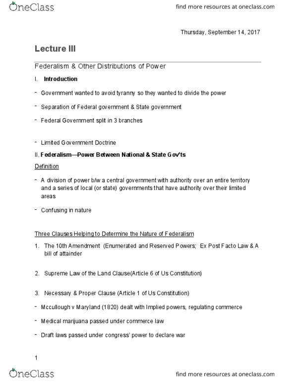 Political Science - UG & Grad POSI 2320 Lecture Notes - Lecture 4: Ex Post Facto Law, Tenth Amendment To The United States Constitution, Implied Powers thumbnail