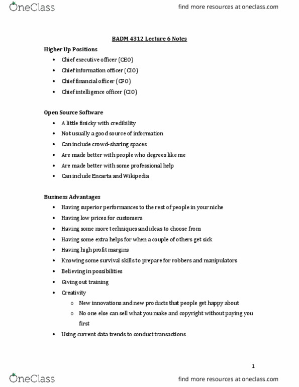 BADM 4312 Lecture Notes - Lecture 6: Swot Analysis, Chief Executive Officer, Encarta thumbnail