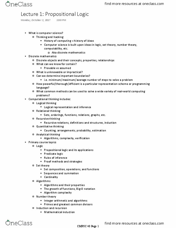 CMPSC 40 Lecture Notes - Lecture 1: Number Theory, Discrete Mathematics, Mathematical Induction thumbnail