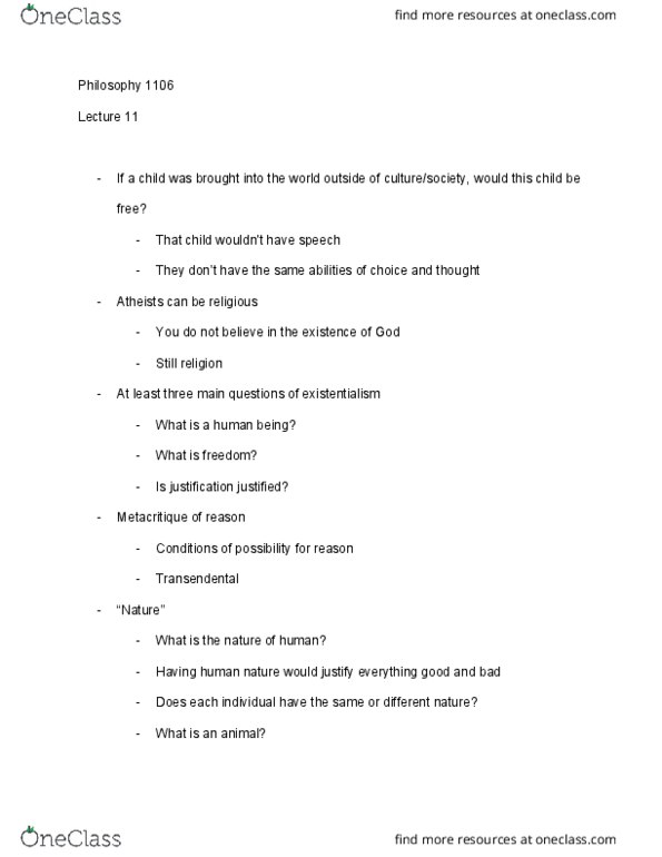 PHIL 1106 Lecture Notes - Lecture 11: Oedipus Complex, Jean-Paul Sartre, Existentialism thumbnail
