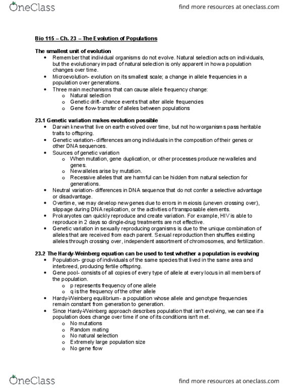 BIO 115 Chapter Notes - Chapter 23: Stabilizing Selection, Zygosity, Disruptive Selection thumbnail