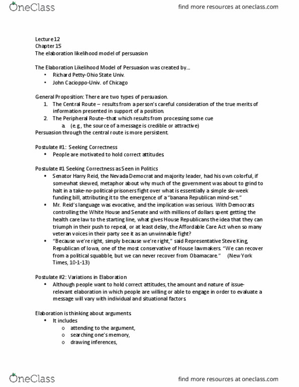 COM 10200 Lecture Notes - Lecture 12: Patient Protection And Affordable Care Act, Elaboration Likelihood Model, Theory Of Reasoned Action thumbnail