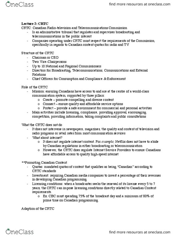 CMN 1160 Lecture Notes - Lecture 2: Multichannel Video Programming Distributor, Canadian Content, Bell Media thumbnail