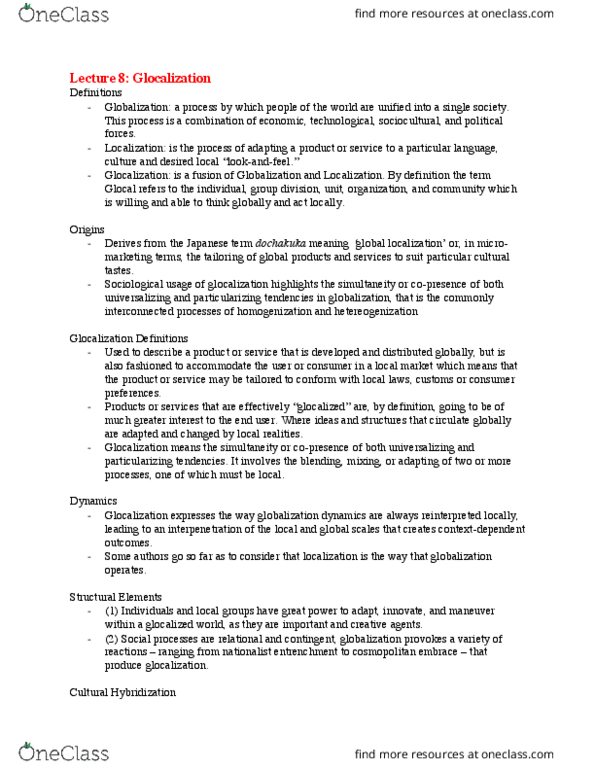 CMN2168 Lecture Notes - Lecture 8: Glocalization, Capacity Building, Syncretism thumbnail