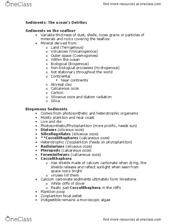 EOSC 314 Lecture Notes - Lecture 9: Coccolithophore, Neritic Zone, Calcite thumbnail