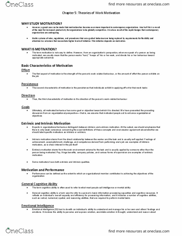 HROB 2090 Chapter Notes - Chapter 5: Expectancy Theory, Organizational Commitment, Achievement Orientation thumbnail