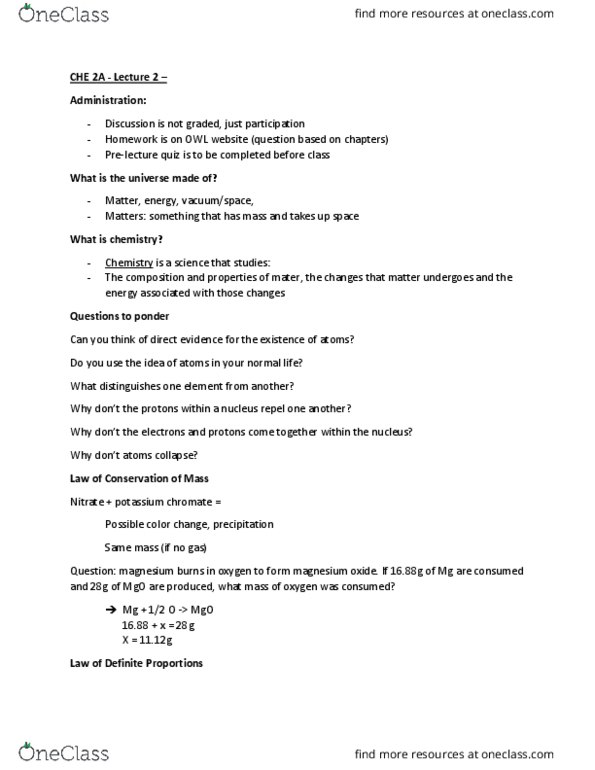 CHE 2A Lecture Notes - Lecture 2: Oil Drop Experiment, Robert Andrews Millikan, Cathode Ray thumbnail