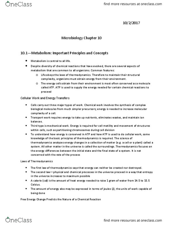 MCB 3020 Chapter Notes - Chapter 10: Speed Up, Reduction Potential, Metabolite thumbnail