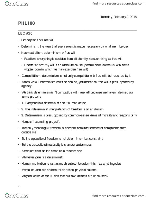 PHL100Y1 Lecture Notes - Lecture 30: Hypnosis, Incompatibilism, Compatibilism thumbnail