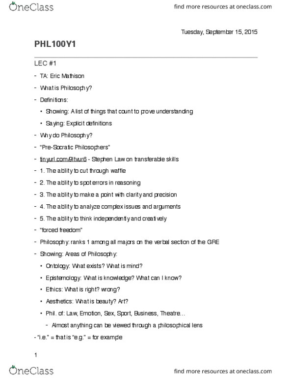 PHL100Y1 Lecture Notes - Lecture 1: Stephen Law thumbnail