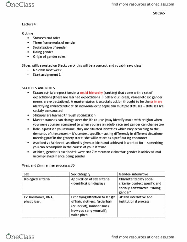 SOC265H1 Lecture Notes - Lecture 4: Erving Goffman, Gender Role thumbnail